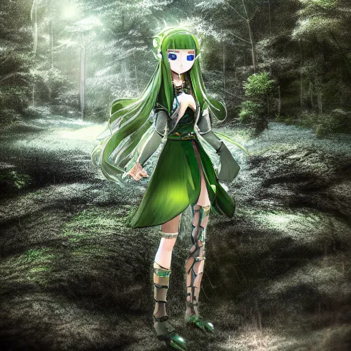 Prompt: portrait focus of knight beautiful 3D anime girl, green moss armor wearing, dark forest background, snowing, bokeh, inspired by Masami Kurumada, digital painting, high contrast, unreal engine render, volumetric lighting, high détail