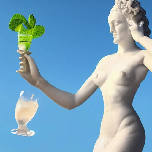 Image similar to close - up of white reneissance statue holding a coctail, colorful coctail, digital painting, 3 d render, above the waist