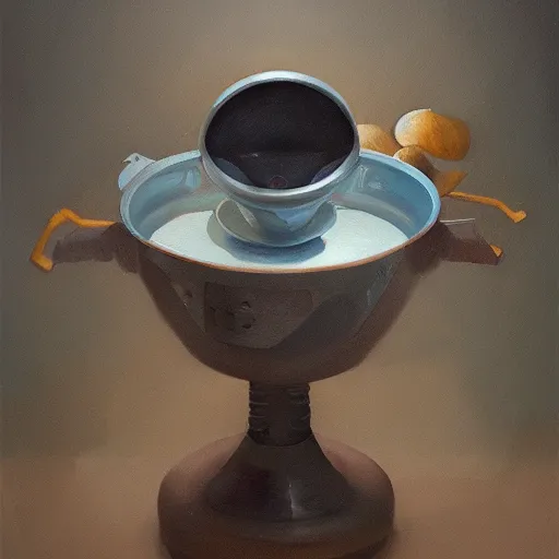 Image similar to a robot soup bowl, oil painting, pale colors, high detail, 8 k, wide angle, trending on artstation,