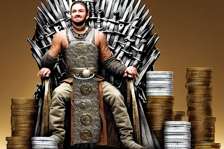 Image similar to man sitting, on a throne made of money, coins and dollars, in the style of game of thrones