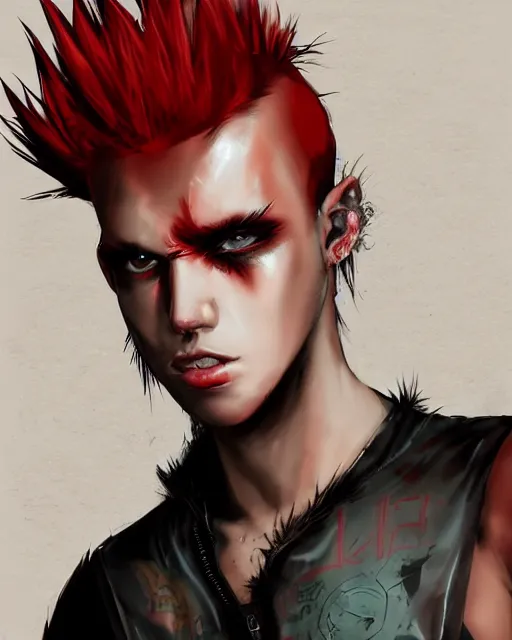 Prompt: young man with a short red dyed mohawk, red eyes and a slim face, dressed in crustpunk clothing, headshot, attractive, handsome, in color, no makeup, model, trending on artstation, high quality art, character design