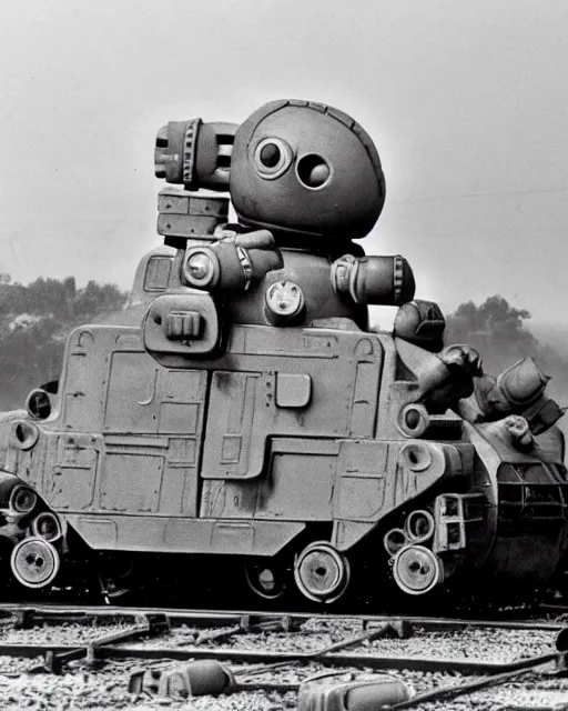 Prompt: giant oversized chubby bulky armored train pug robot mech, with big pug head , rocket launcher , on a village , Archive WWII footage. Documentary newsreel, foggy, panorama