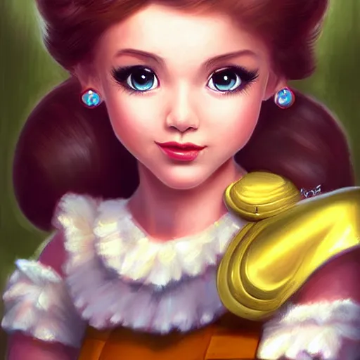 Image similar to princess daisy from super mario as realistic cute brunette human character art portrait, matte fantasy painting, deviantart artstation, by jason felix by steve argyle by tyler jacobson by peter mohrbacher, cinema c 9. 0