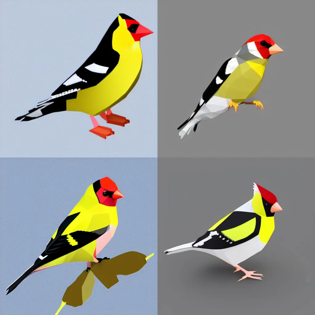 Prompt: Low polygon render of a goldfinch on a white background, isometric 3d, ultra HD