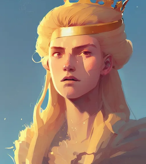 Prompt: portrait of beautiful warrior with golden hair, sun, crown, by atey ghailan, by greg rutkowski, by greg tocchini, by james gilleard, by joe fenton, by kaethe butcher, dynamic lighting, gradient light blue, brown, blonde cream and white color scheme, grunge aesthetic