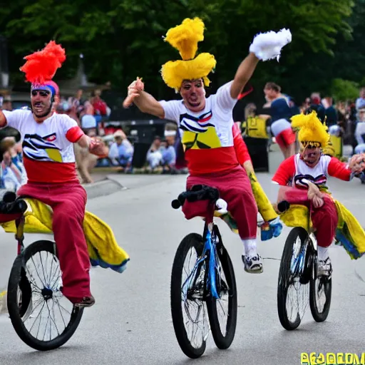 Image similar to sports photo of troupe of clowns on unicycles in a bunch sprint at tour de france