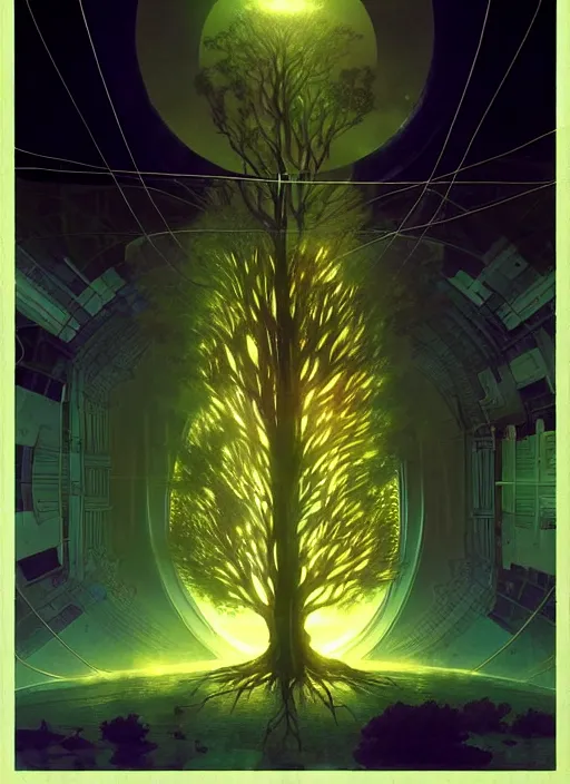 Prompt: high depth, collective civilization tree, calm, healing, resting, life, hybrids, scifi, glowing lights!!, published concept art, mixed medias, image overlays, sharp focus, thin glowing wires, winning illustration, art by greg rutkowski and alphonse mucha, singularity!!!, 3 6 0 projection