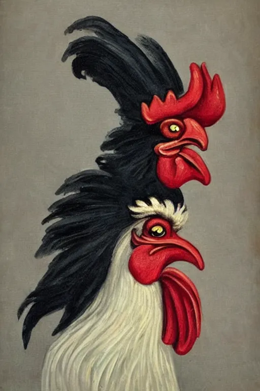 Prompt: portrait of a rooster, with top hat!!! and monocle!!!, painted by satan