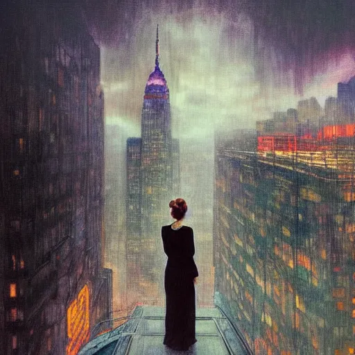 Image similar to “ a girl standing on a ledge looking down at a futuristic new york city below, ghostpunk, fog, storm clouds, rain, detailed face, oil painting, by alphonse mucha ”