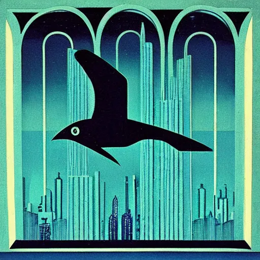 Prompt: “raven in-front of an futuristic glass city, moon, art deco, 1950’s, glowing highlights, teal palette”