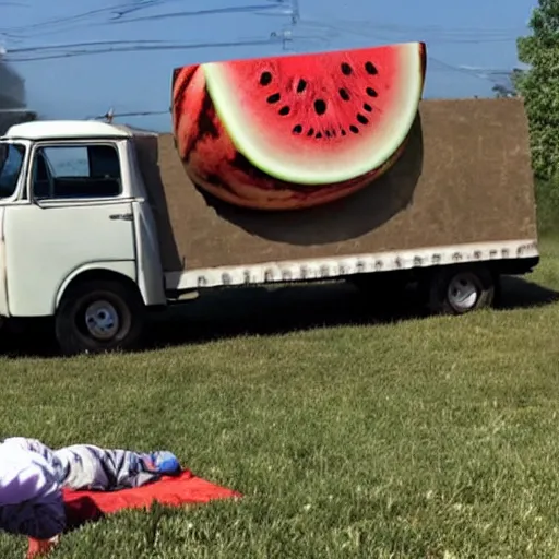 Prompt: a boy fell asleep on a watermelon truck