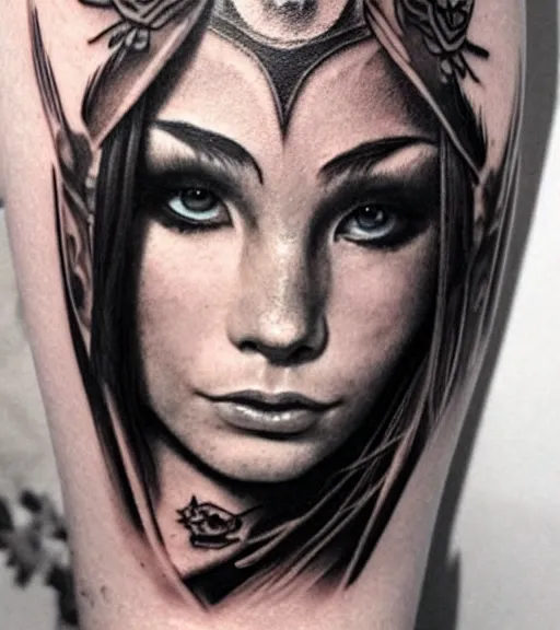 Image similar to tattoo design on white background of a beautiful girl warrior, tiger head above, hyper realistic, realism tattoo, by eliot kohek, beautiful eyes, realistic face, black and white