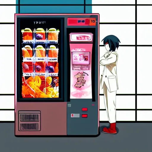 Image similar to “Shinji from Eva buying berries from a berry vending machine on a futuristic space ship, anime, artstation”