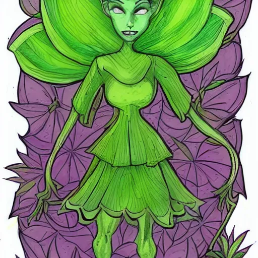 Prompt: Green Witch Walking, Garden, magical garden plant creatures, enchanted, life like plants, Drawn in the style of 1992 X-Men: The Animated Series, high detail