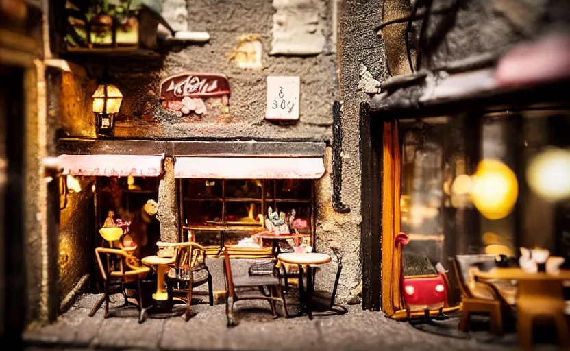 Image similar to miniature cafe diorama macro photography, cafe for mice, alleyway, ambient, atmospheric, british, bokeh, romantic