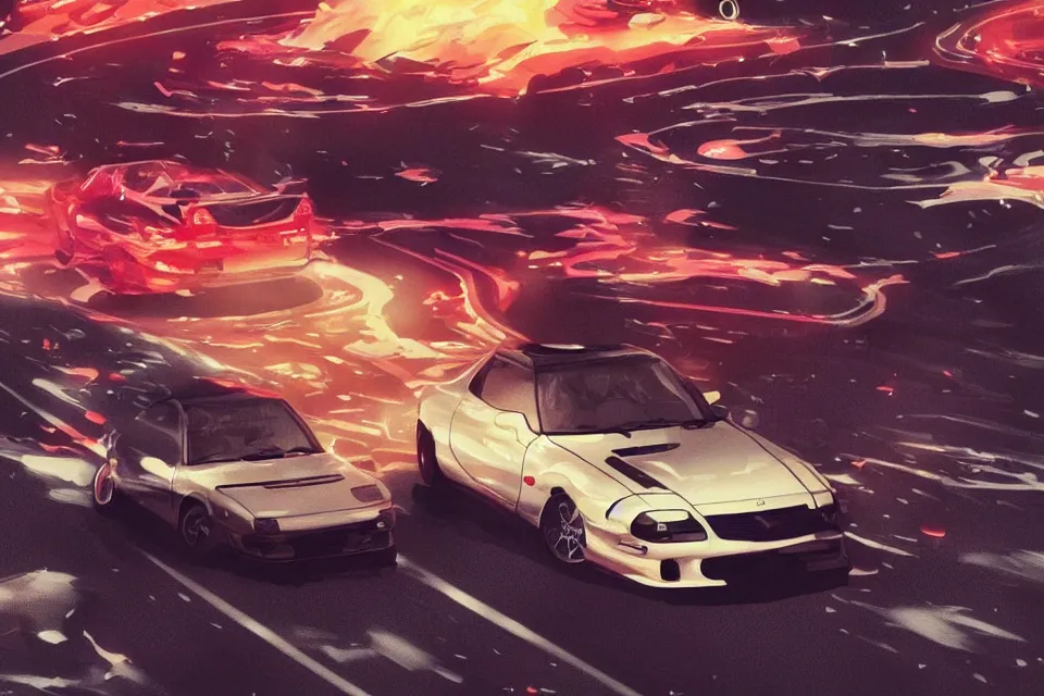 Image similar to aesthetic detailed illustration of ryosuke takahashi with black hair, standing by his white glossy mazda rx 7 on an empty highway at sunrise, cinematic lighting, initial d anime 1 0 8 0 p, detailed anime face, high detail, 9 0 s anime aesthetic, volumetric lights, rule of thirds, unreal engine 5 render, pinterest wallpaper, trending on artstation