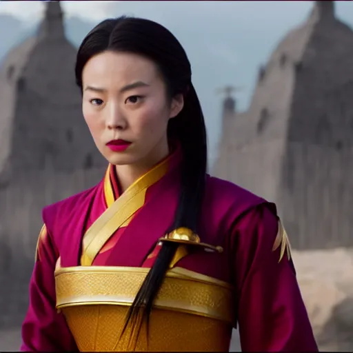 Image similar to live action cinematic shot of elizabeth yu is princess azula, 4 k, 3 5 mm