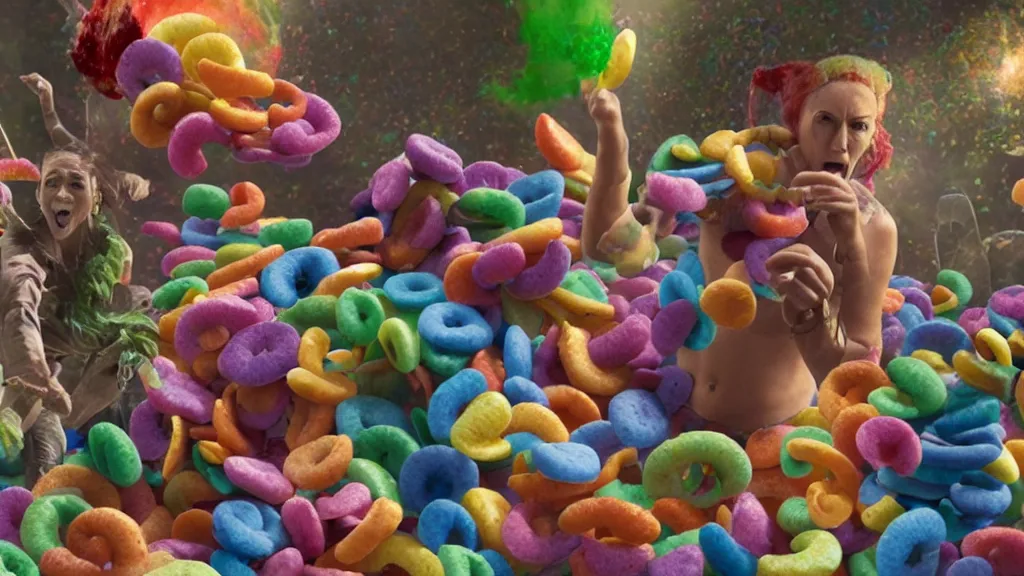 Prompt: film still of the Fruit Loops surreal action adventure movie. directed by James Gunn