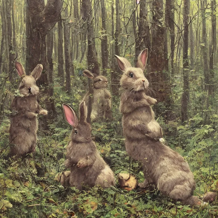 Prompt: a bunny made of mirrors in a forest. highly detailed painting by norman rockwell, rich colors, high contrast, gloomy atmosphere, dark background. trending on artstation
