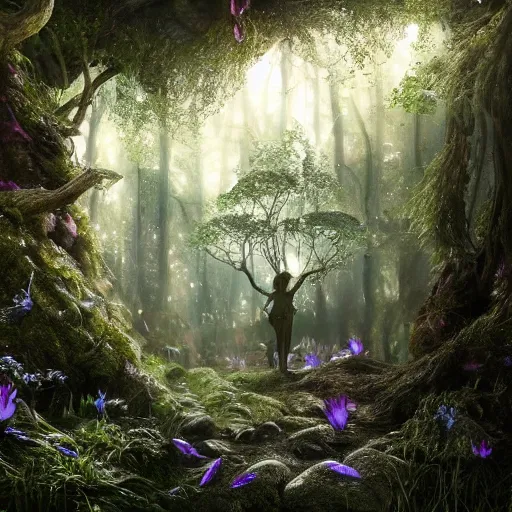 Prompt: full body pose, hyperrealistic photograph of the magical fairy forest, dim volumetric lighting, 8 k, octane beautifully detailed render, extremely hyper detailed, intricate, epic composition, cinematic lighting, masterpiece, trending on artstation, very very detailed, stunning, hdr, smooth, sharp focus, high resolution, award, winning photo, dslr, 5 0 mm