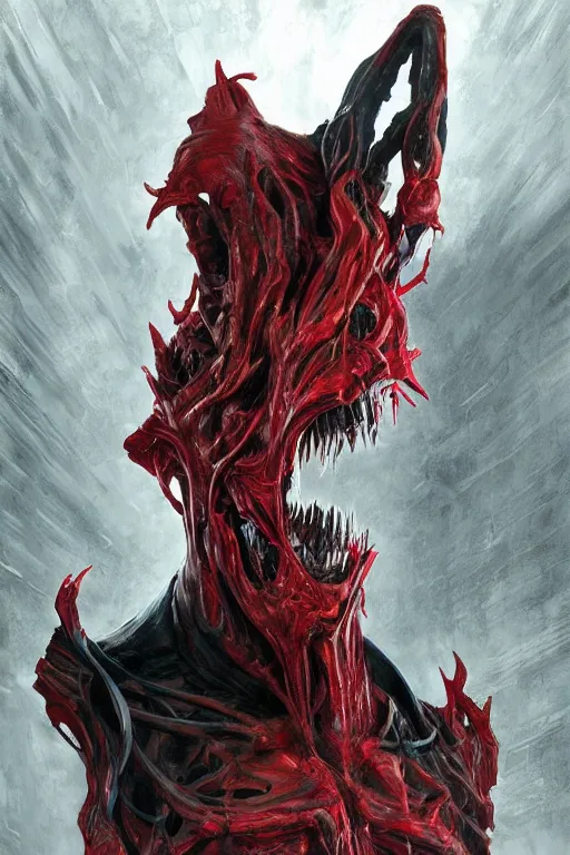 Image similar to Portrait of Steve Buscemi as symbiote Carnage, red, marvel comics, dark, intricate, highly detailed, smooth, artstation, digital illustration by Ruan Jia and Mandy Jurgens and Artgerm and Wayne Barlowe and Greg Rutkowski and Zdislav Beksinski