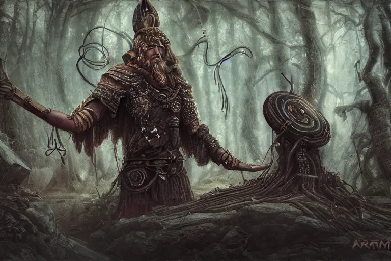 Image similar to mythological Viking Shaman of artificial intelligence creating an artificial neural network with synapses on an anvil, dark mystical forest in the background, high resolution, award winning art, trending on art station, sharp image, incredibly detailed, detailed character realistic painting,