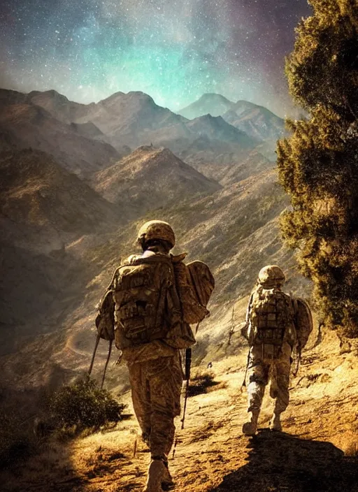 Prompt: two soldiers hiking in Afghanistan hills, digital art, galaxy sky, dramatic light, oscar winning movie poster, realistic, render, photorealistic intricate