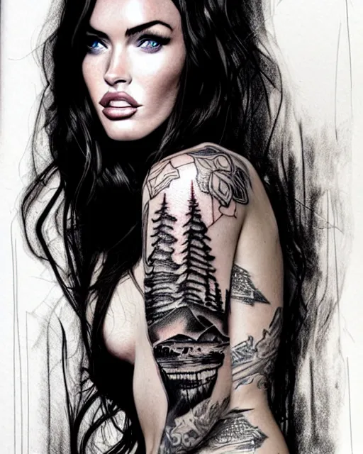 Image similar to double exposure portrait of megan fox with a mountain background, tattoo design sketch, in the style of matteo pasqualin, amazing detail, sharp