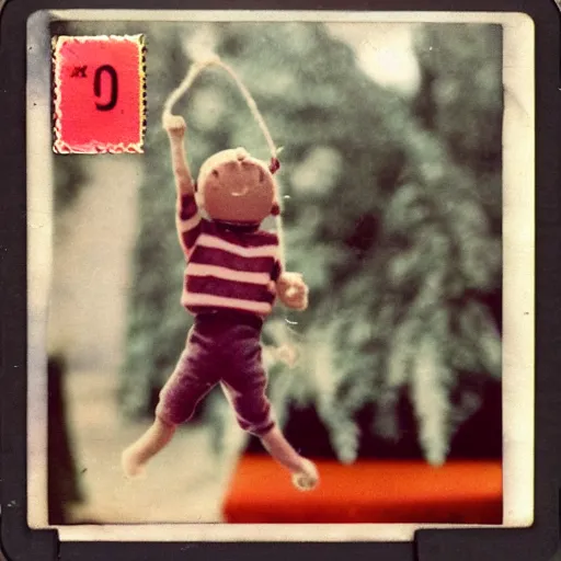 Image similar to 1 9 5 0 s children toys on strings leaping towards you, scary, fear, horror, thriller, jump scare, pov, polaroid,