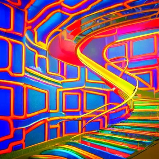 Image similar to dreampool rooms, neon ceramic tiles, spiraling stairs, blue sunlight coming through columns of neon tile