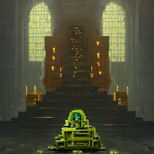 Image similar to painting of creeper from minecraft sitting atop golden throne in dark throne room, low lighting, cinematic, by greg rutkowski, very detailed, high quality, award winning