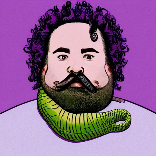 Image similar to hyperreal morbidly obese 2000kilo snake oil salesman wearing authentic purple green sip tech cowboy augmentation and curly snake moustache, fat man standing in front of blank background