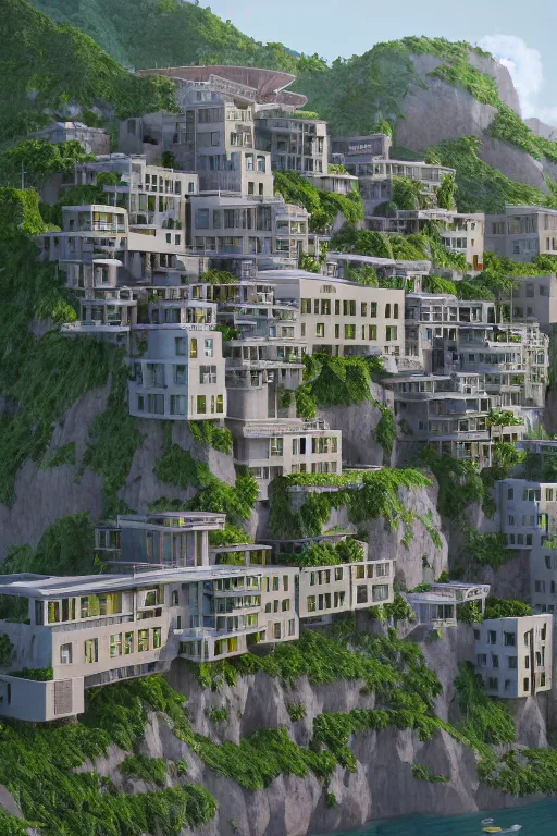 Prompt: 2 d autocad facade illustration of an awesome sunny day environment concept art on a cliff in the style of wes anderson, architecture by kengo kuma with village, residential area, mixed development, highrise made up staircases, balconies, full of glass facades, cgsociety, fantastic realism, artstation hq