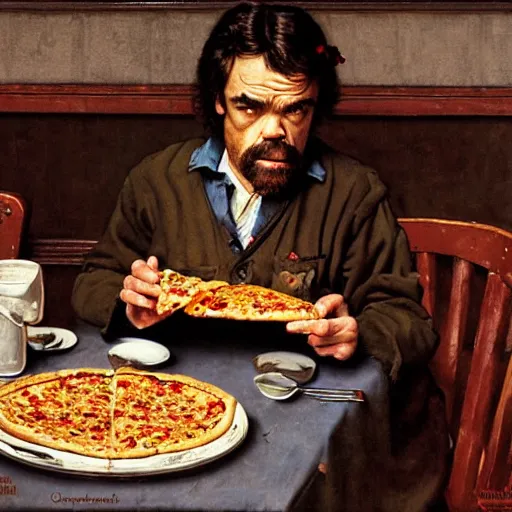 Image similar to peter dinklage eating pizza at a wooden table, artist norman rockwell,