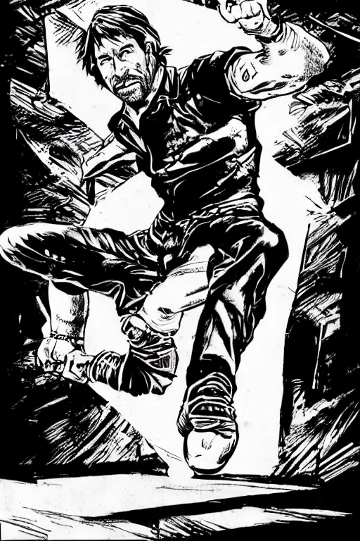 Prompt: chuck norris doing a high kick, a page from cyberpunk 2 0 2 0, style of paolo parente, style of mike jackson, adam smasher, johnny silverhand, 1 9 9 0 s comic book style, white background, ink drawing, black and white, colouring pages