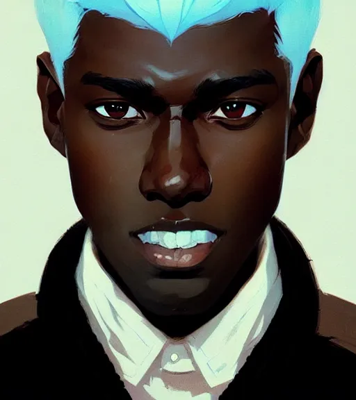 Image similar to portrait of a man, dark skin, white hair by atey ghailan, by greg rutkowski, by greg tocchini, by james gilleard, by joe fenton, by kaethe butcher, dynamic lighting, gradient light blue, brown, blonde cream and white color scheme, grunge aesthetic