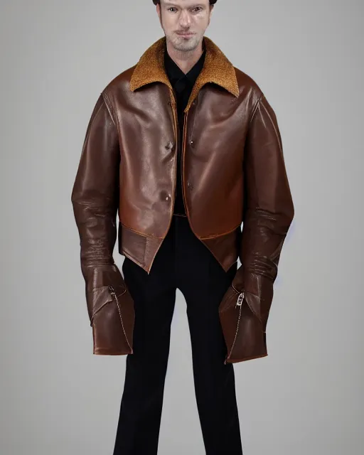 Prompt: an award - winning photo of a brown cropped extremely baggy medieval designer menswear leather jacket with an oversized collar and bootcut trousers designed by alexander mcqueen, 4 k, studio lighting, wide angle lens