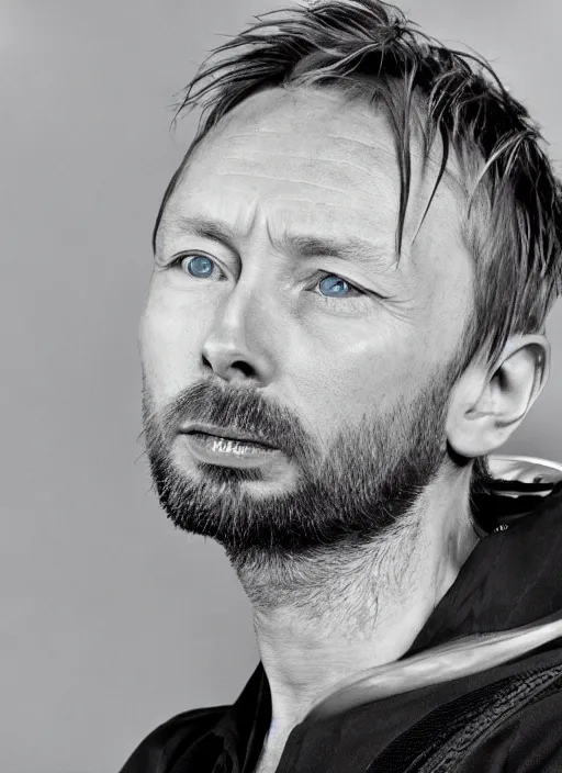 Image similar to calm thom yorke singer songwriter frontman, in spacesuit filling up with water, ultrafine detail, hyper realistic face, beautiful blue eyes, black spherical pupils, eyes reflecting into eyes reflecting into infinity, eyes reflecting into eyes reflecting into infinity