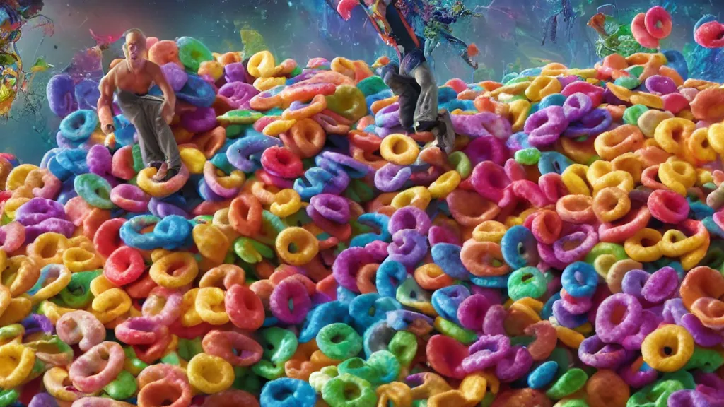 Image similar to film still of the Fruit Loops surreal action adventure movie. directed by James Gunn