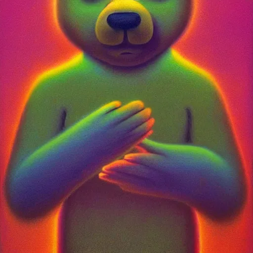 Prompt: yogi bear ( hanna barbera ) by zdzisław beksinski, neon tinged dystopian digital art