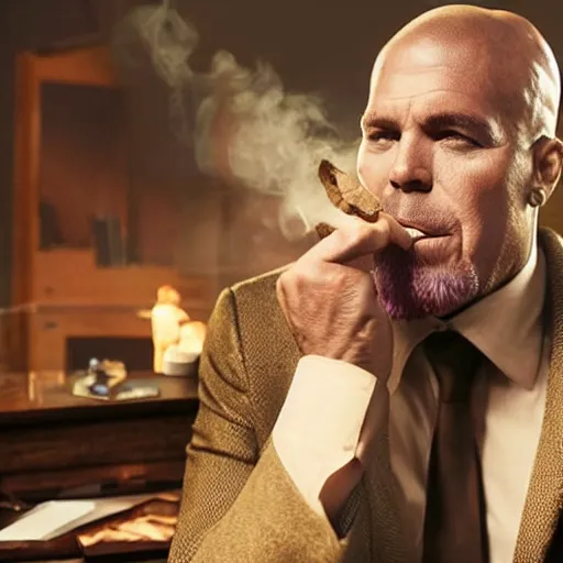 Image similar to photograph of Thanos smoking a cigar sitting in his dusty office, wooden desk, rich business vibes