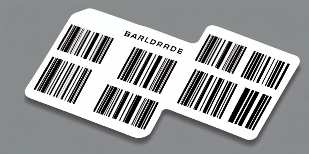 Prompt: a detailed futuristic shipping label with multiple sections for a barcode and built in chip centered on a white background