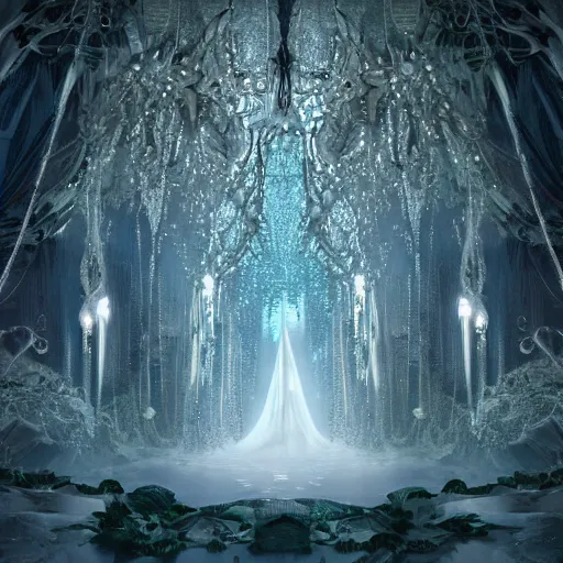 Prompt: under an white intricate like jewels epic forest suspended in the air upside down, a white pool with intricate epic circles of water within which float phantasmagoric female robots, dressed in intricate veils and jewels, epic environment, matte painting, diffused lighting, highly detailed, cinematic, epic atmosphere, digital art, trending on artstation, wide angle