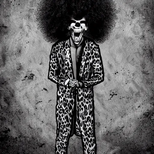 Prompt: animal print pants out of control. it's redfoo with a big afro! in the style of Stephen Gammell. Scary stories to tell in the dark. horror image. Scary! macabre illustration. crosshatching.