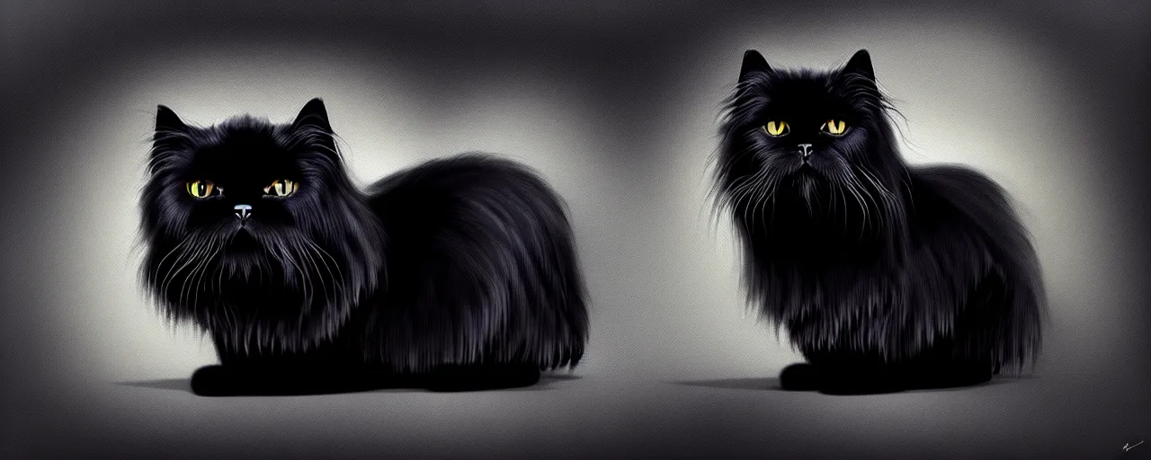 Image similar to a beautiful surreal illustration of black persian cat, highly detailed, liquid oilpaint, doug chiang, gustave dore, leonardo da vinci, trending on artstation, industry, lucid and intricate, rectilinear, digital art, octane, redshift, vray, 8 k, 6 4 megapixels, zbrush central, behance hd, hypermaximalist, well rendered