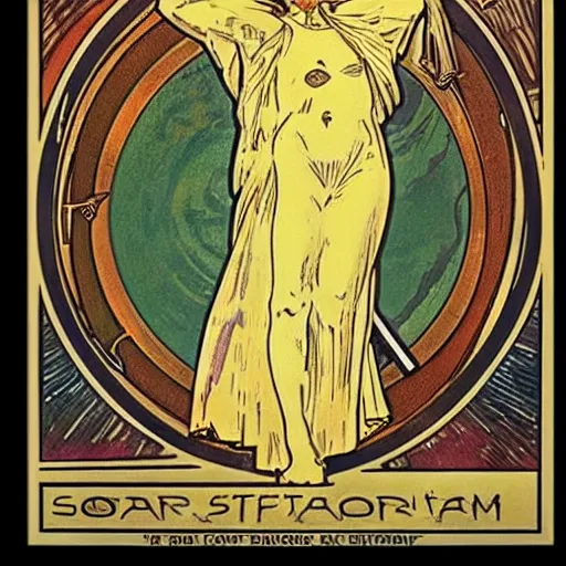 Prompt: Tarot card about solar system, Alphonse Mucha