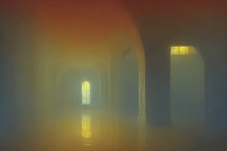 Image similar to A highly detailed hallway liminal space by Ivan Aivazovsky and Nicholas Roerich, impressionistic brushwork, silent hill aesthetic