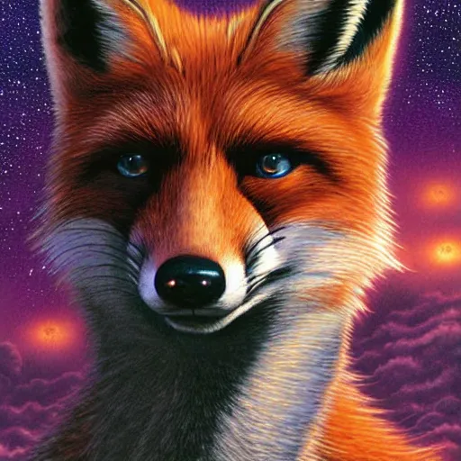 Prompt: a portrait of fox mccloud by peter elson, furry art, with a sci fi city background by syd dutton