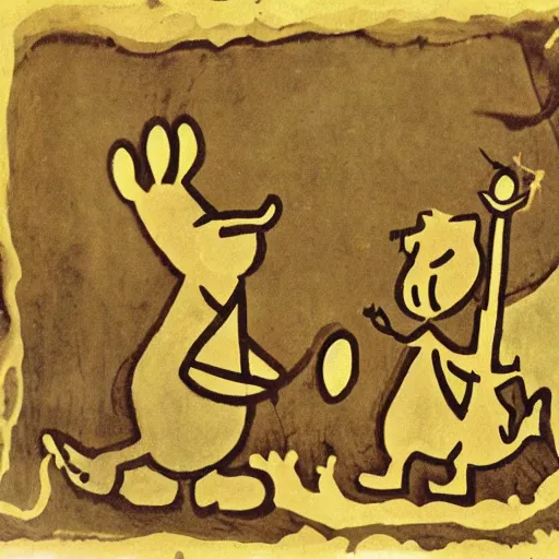 Prompt: the moomins, prehistoric cave painting, photograph taken in cave