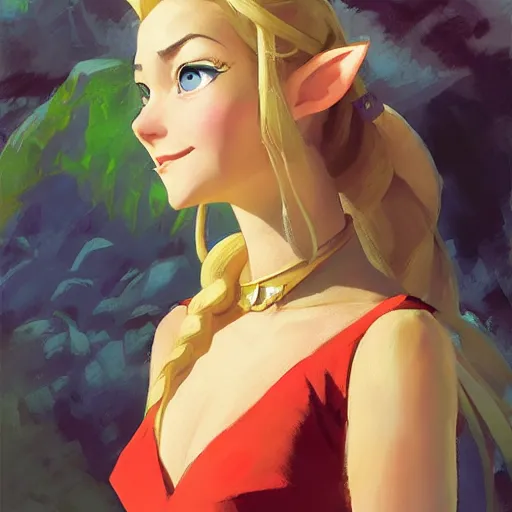 Image similar to greg manchess portrait of zelda as disney character, perfect face, matte painting, bold shapes, hard edges, by huang guangjian, gil elvgren, sachin teng. in a beautiful landscape full of emotions, cgsociety masterpiece, artstation trending, by rossdraws, ghibli, kimi no na wa, greg rutkowski, simon stalberg, greg manchess